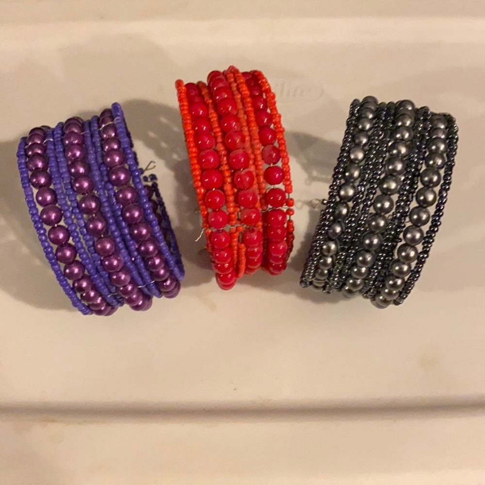 Red, purple and pewter bracelets